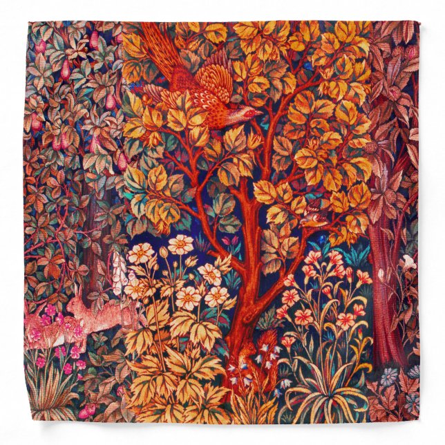 AUTUMN FOREST ANIMALS Hares,Pheasant,Red Floral  Bandana (Front)