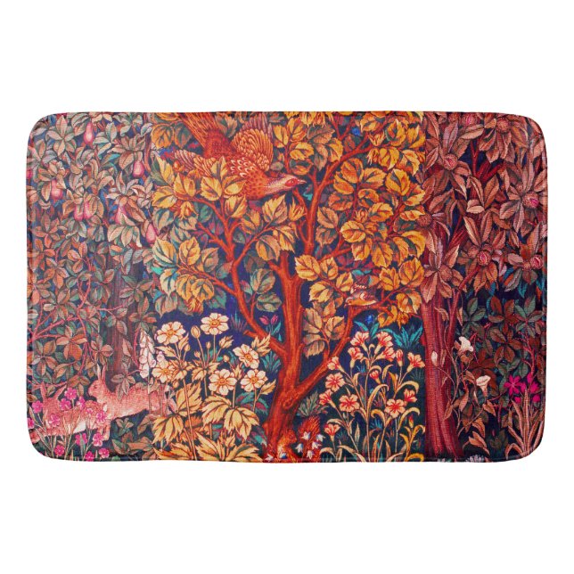 AUTUMN FOREST ANIMALS Hares,Pheasant,Red Floral  Bath Mat (Front)