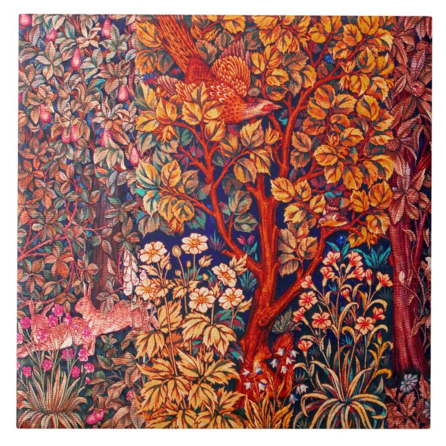 AUTUMN FOREST ANIMALS Hares,Pheasant,Red Floral  Ceramic Tile (Front)