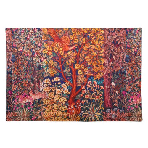 AUTUMN FOREST ANIMALS HaresPheasantRed Floral  Cloth Placemat