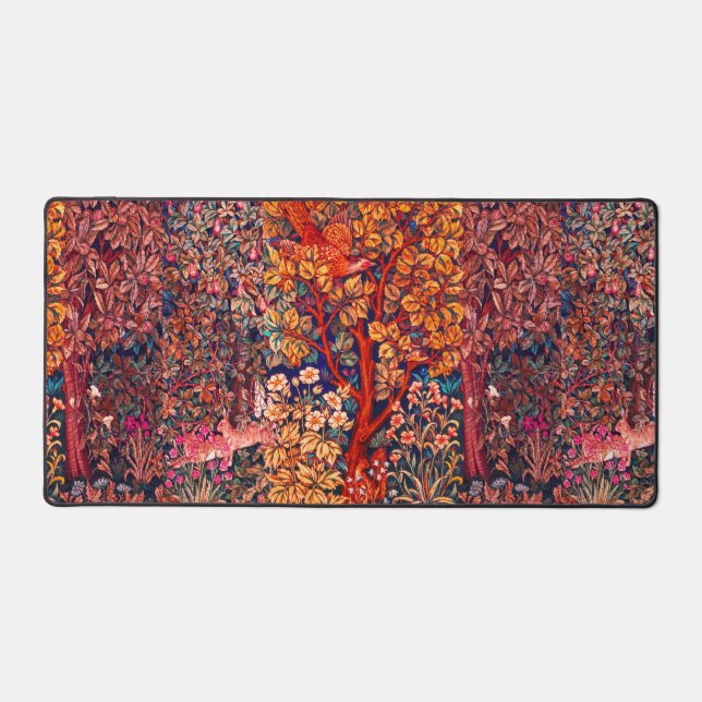 AUTUMN FOREST ANIMALS Hares,Pheasant,Red Floral  Desk Mat (Front)