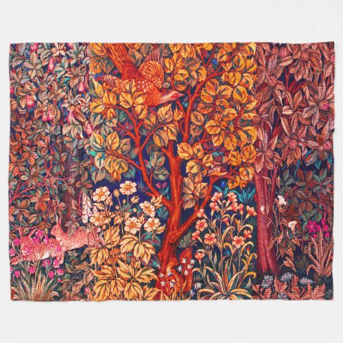 AUTUMN FOREST ANIMALS HaresPheasantRed Floral  Fleece Blanket