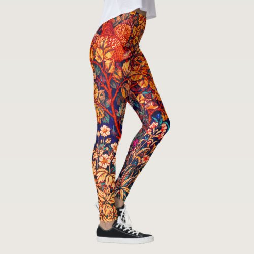 AUTUMN FOREST ANIMALS HaresPheasantRed Floral  Leggings