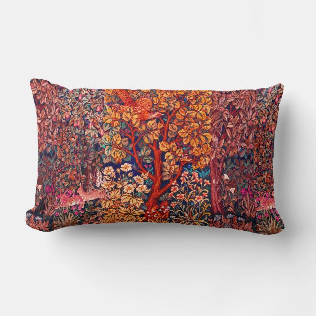 AUTUMN FOREST ANIMALS Hares,Pheasant,Red Floral  Lumbar Pillow (Front)