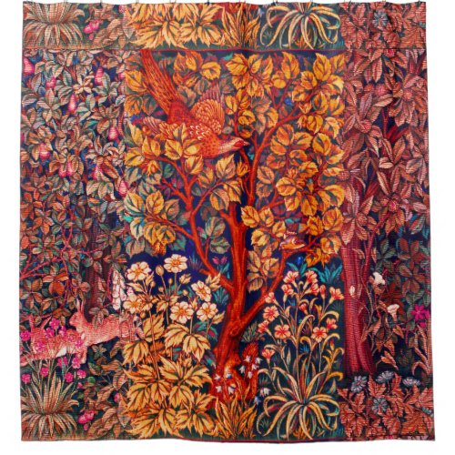 AUTUMN FOREST ANIMALS HaresPheasantRed Floral  Shower Curtain