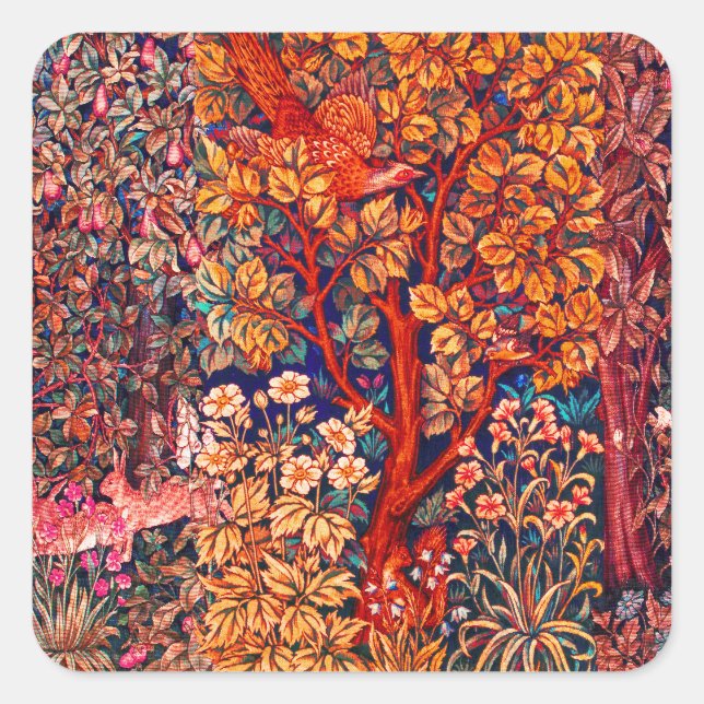 AUTUMN FOREST ANIMALS Hares,Pheasant,Red Floral  Square Sticker (Front)