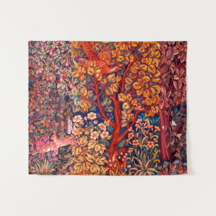 AUTUMN FOREST ANIMALS Hares,Pheasant,Red Floral Tapestry