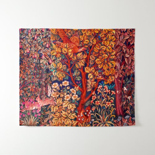 AUTUMN FOREST ANIMALS HaresPheasantRed Floral  Tapestry