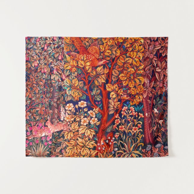 AUTUMN FOREST ANIMALS Hares,Pheasant,Red Floral  Tapestry (Front (Horizontal))