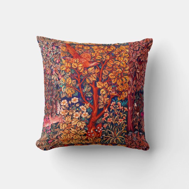 AUTUMN FOREST ANIMALS Hares,Pheasant,Red Floral  Throw Pillow (Front)