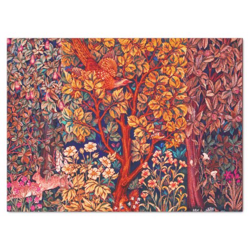 AUTUMN FOREST ANIMALS HaresPheasantRed Floral  Tissue Paper