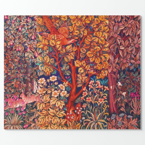 AUTUMN FOREST ANIMALS HaresPheasantRed Floral  Wrapping Paper