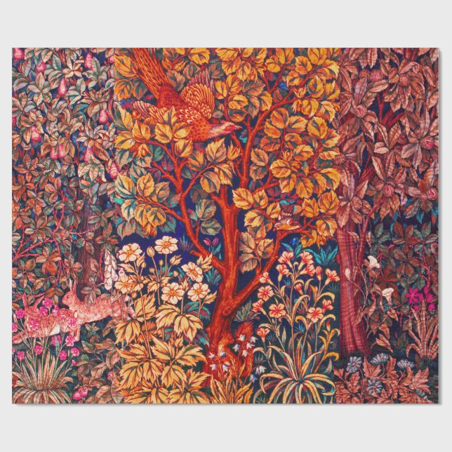 AUTUMN FOREST ANIMALS Hares,Pheasant,Red Floral  Wrapping Paper (Flat)