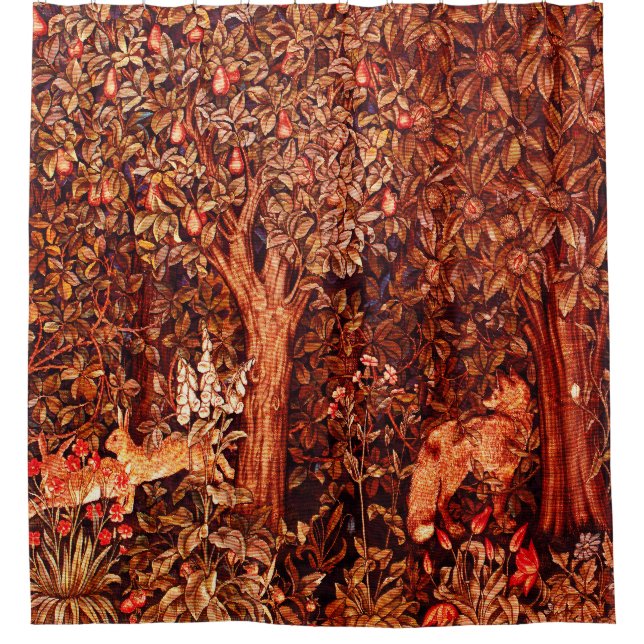 AUTUMN FOREST ANIMALS Hares,Red Fox,Brown Floral Shower Curtain (Front)
