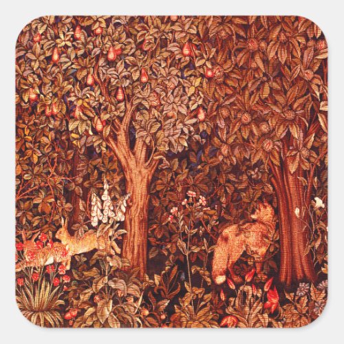 AUTUMN FOREST ANIMALS Hares Red FoxBrown  Floral Square Sticker