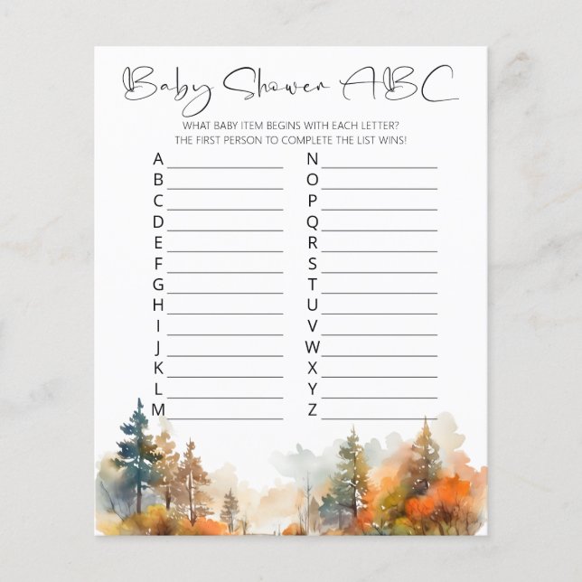 Autumn Forest baby shower ABC Game (Front)