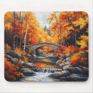 Autumn Forest Bridge Mouse Pad