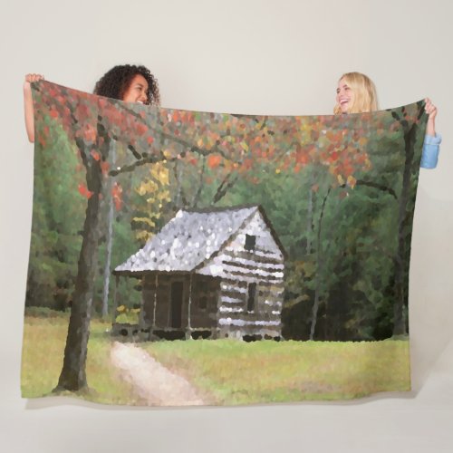 Autumn Forest Cabin Watercolor Art Painting Fleece Blanket