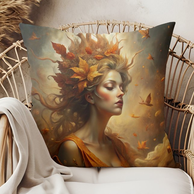 Autumn Forest Fairy – Cozy Fall Boho Throw Pillow (Autumn Forest Fairy – Cozy Fall Boho Throw Pillow on a boho rattan armchair.)