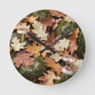 Autumn Forest Floor Mushrooms Moss Fallen Leaves Round Clock