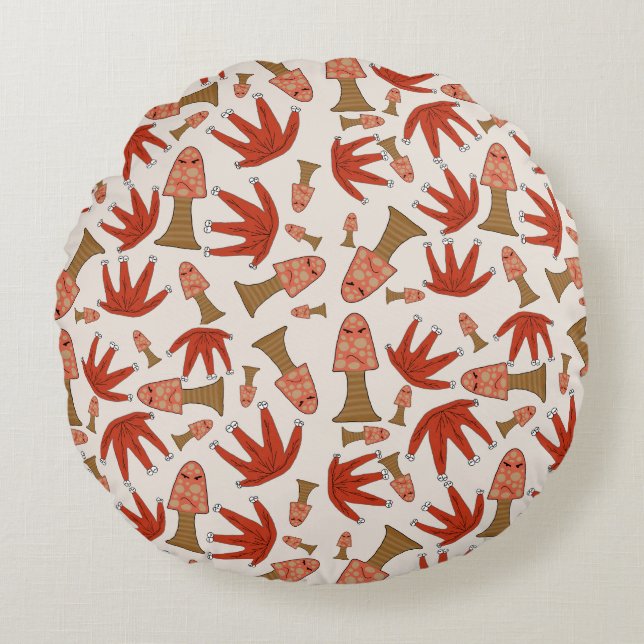 Autumn Forest Friends Round Pillow – Cute Mushroom (Front)
