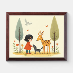 Autumn Forest Friends - Whimsical Girl, Dog & Deer Award Plaque
