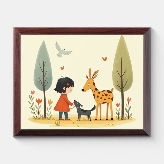 Autumn Forest Friends - Whimsical Girl, Dog & Deer Award Plaque (Horizontal)