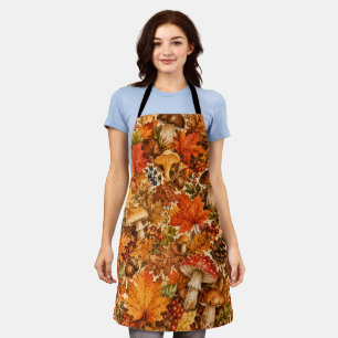 Autumn Forest Mushroom Pattern Cozy Fall Leaves Apron