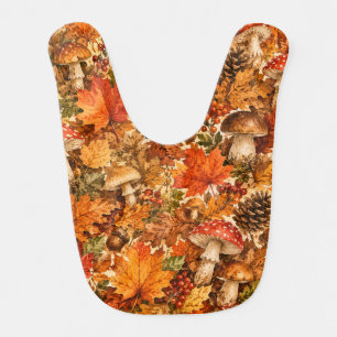 Autumn Forest Mushroom Pattern Cozy Fall Leaves Baby Bib