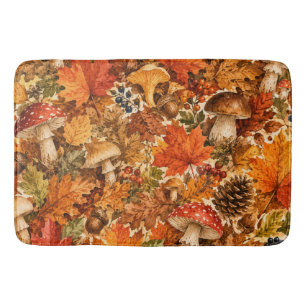 Autumn Forest Mushroom Pattern Cozy Fall Leaves Bath Mat