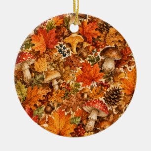Autumn Forest Mushroom Pattern Cozy Fall Leaves Ceramic Ornament
