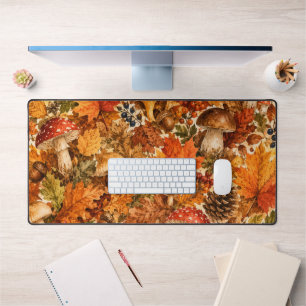 Autumn Forest Mushroom Pattern Cozy Fall Leaves Desk Mat