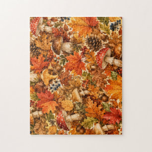Autumn Forest Mushroom Pattern Cozy Fall Leaves Jigsaw Puzzle