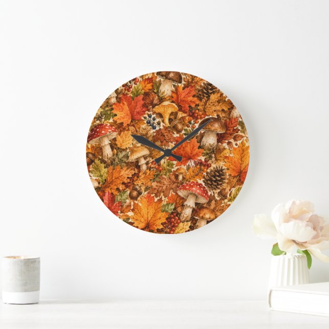 Autumn Forest Mushroom Pattern | Cozy Fall Leaves Large Clock (Home)