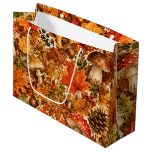Autumn Forest Mushroom Pattern Cozy Fall Leaves Large Gift Bag