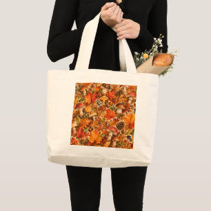 Autumn Forest Mushroom Pattern Cozy Fall Leaves Large Tote Bag