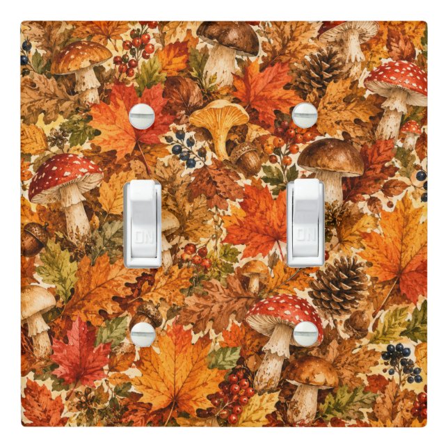 Autumn Forest Mushroom Pattern | Cozy Fall Leaves Light Switch Cover (In Situ)