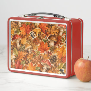 Autumn Forest Mushroom Pattern Cozy Fall Leaves Metal Lunch Box