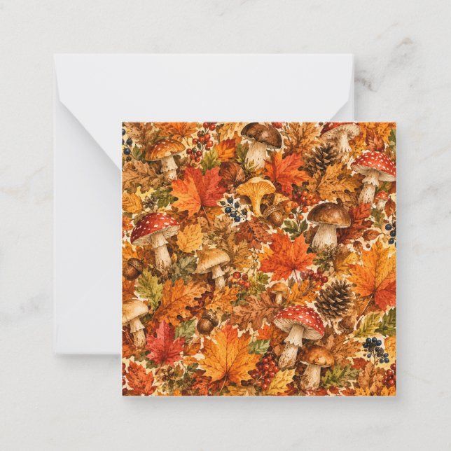 Autumn Forest Mushroom Pattern | Cozy Fall Leaves Note Card (Front)