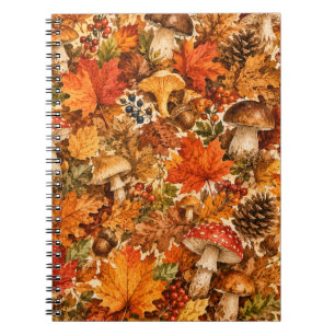 Autumn Forest Mushroom Pattern Cozy Fall Leaves Notebook
