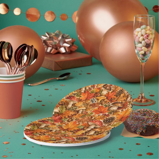 Autumn Forest Mushroom Pattern | Cozy Fall Leaves Paper Plates (Multi)