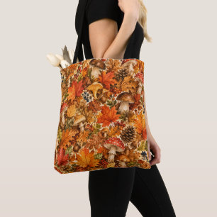 Autumn Forest Mushroom Pattern Cozy Fall Leaves Tote Bag