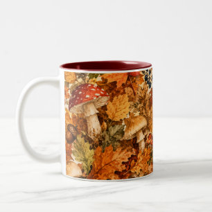 Autumn Forest Mushroom Pattern Cozy Fall Leaves Two-Tone Coffee Mug