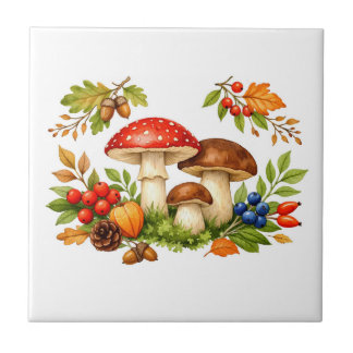 Autumn Forest Mushrooms, Berries and Leaves Nature Ceramic Tile