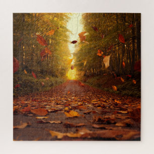 Autumn Forest Path Falling Leaves Jigsaw Puzzle