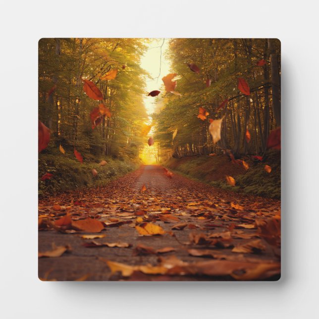 Autumn Forest Path Falling Leaves Plaque (Front)