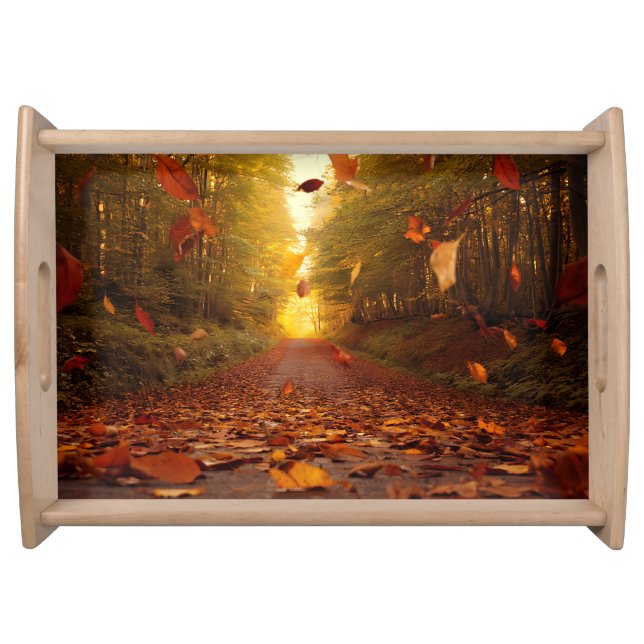 Autumn Forest Path Falling Leaves Serving Tray (Front)