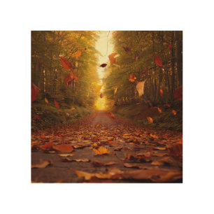 Autumn Forest Path Falling Leaves Wood Wall Art