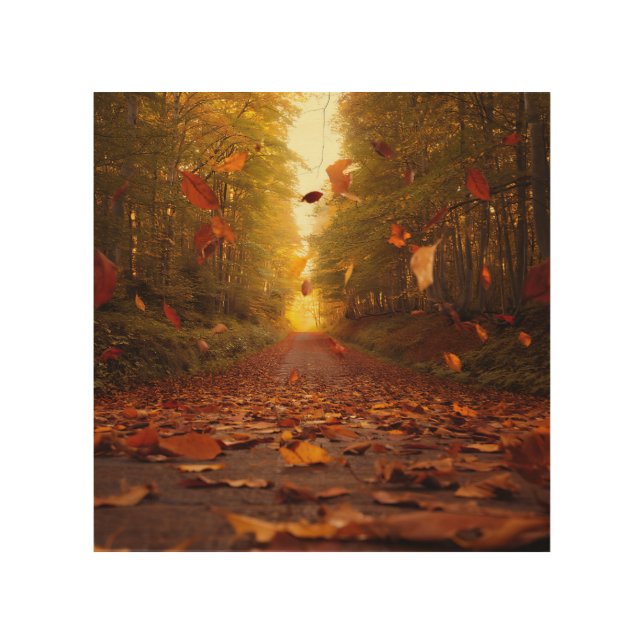 Autumn Forest Path Falling Leaves Wood Wall Art (Front)