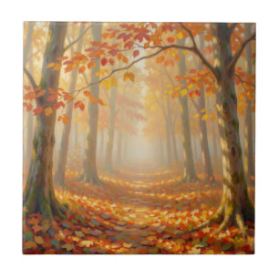 Autumn Forest Path Painterly Landscape Art Ceramic Tile